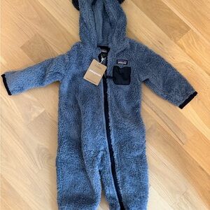 Patagonia Blue Fleece Footies with Hood and Full-Length Zipper